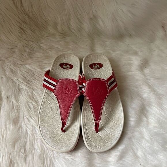 La Gear leather and fabric White,red and Blue t wedge thong sandals size… - Picture 2 of 8